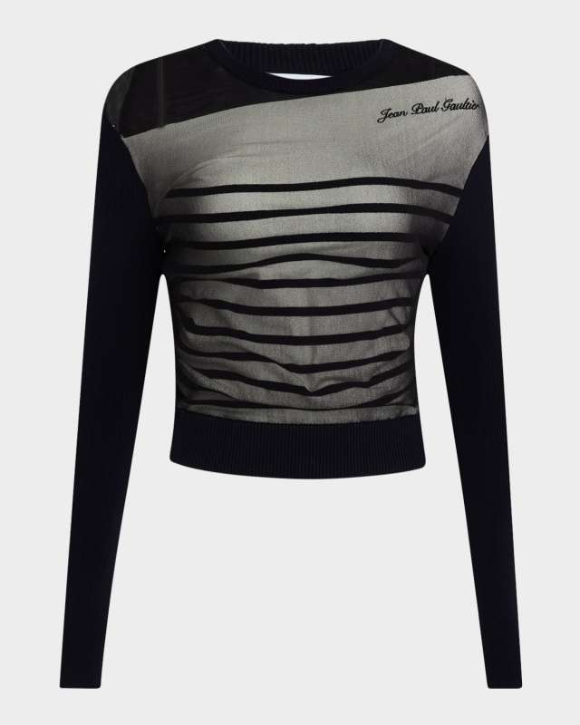 Ribbed Mariniere Mesh-Layer Crewneck Sweater